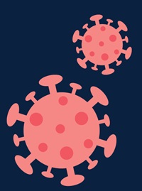 Illustration of COVID cells on blue background